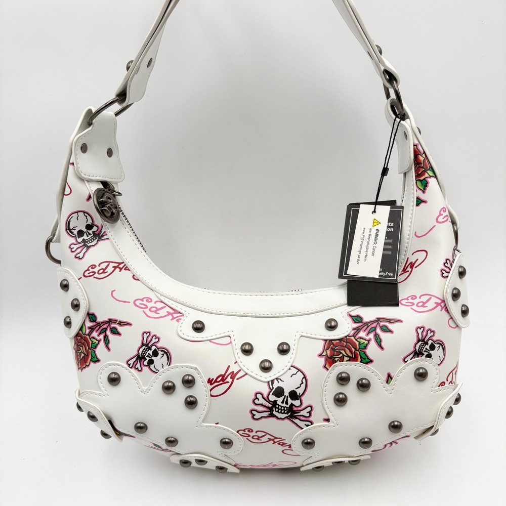 Ed Hardy White Skull Rose Tattoo Hobo Shoulder Bag Purse